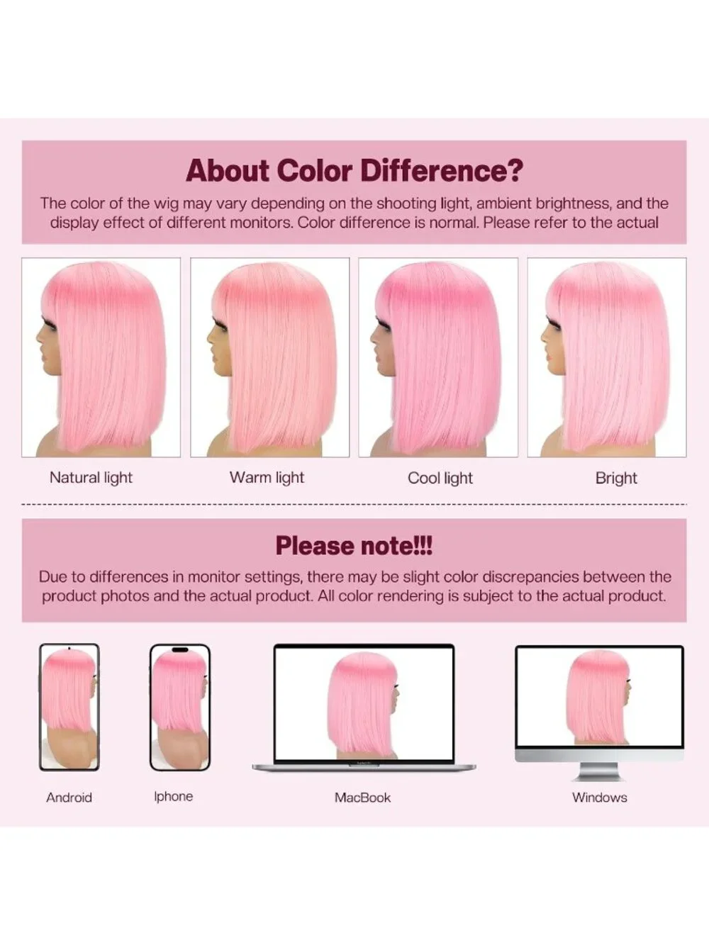 Women's Pink 11 Inch Heat Resistant Synthetic Short Straight Wigs Bangs